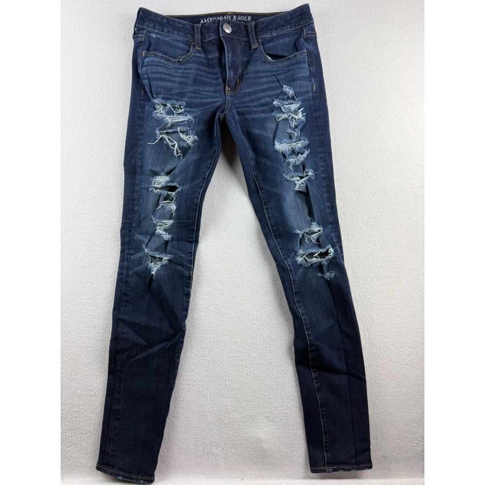 American Eagle 360 Super Stretch Jeggings Women's 6 Long Distressed Dark Skinny